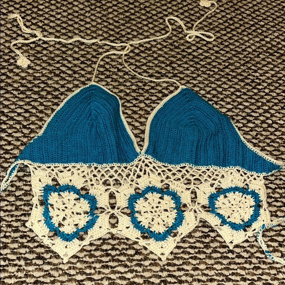 Blue and Cream Crochet Halter Top